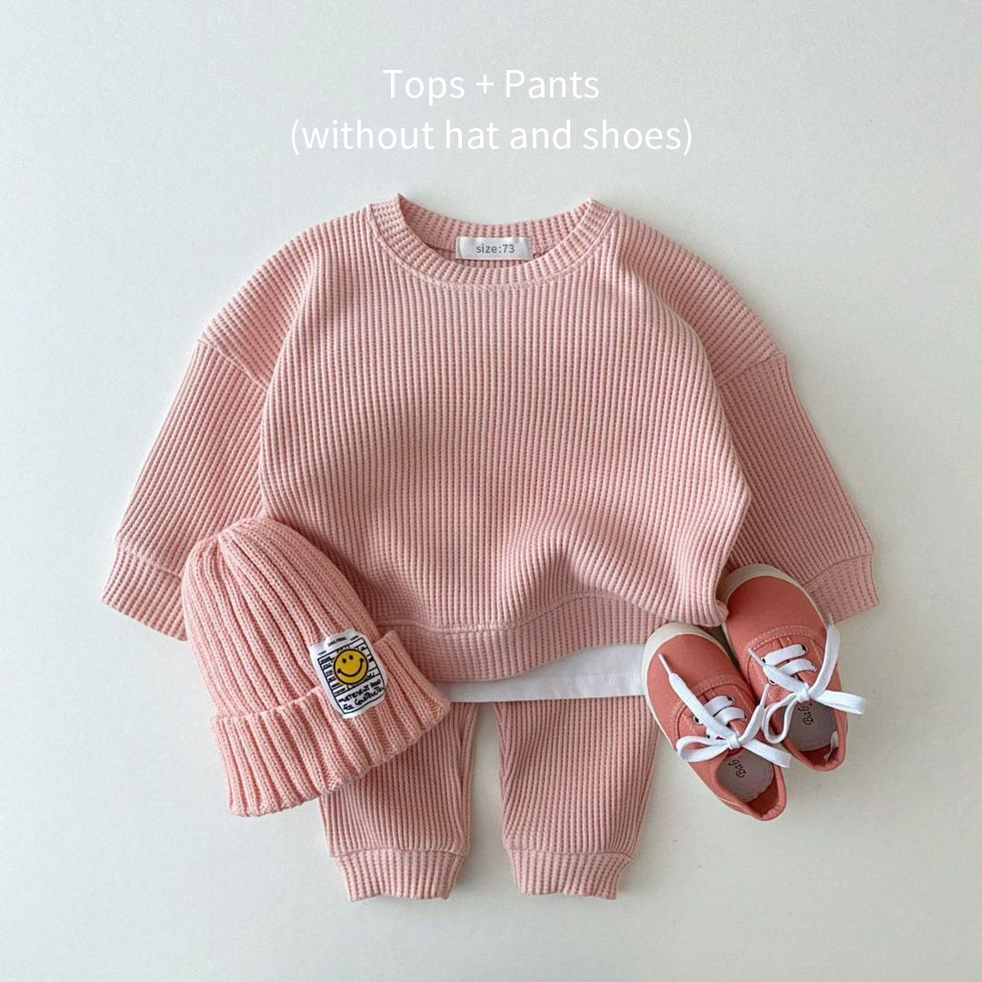 Fashion Baby Girl Set Waffle Cotton Sweatshirt + Pants 2pcs