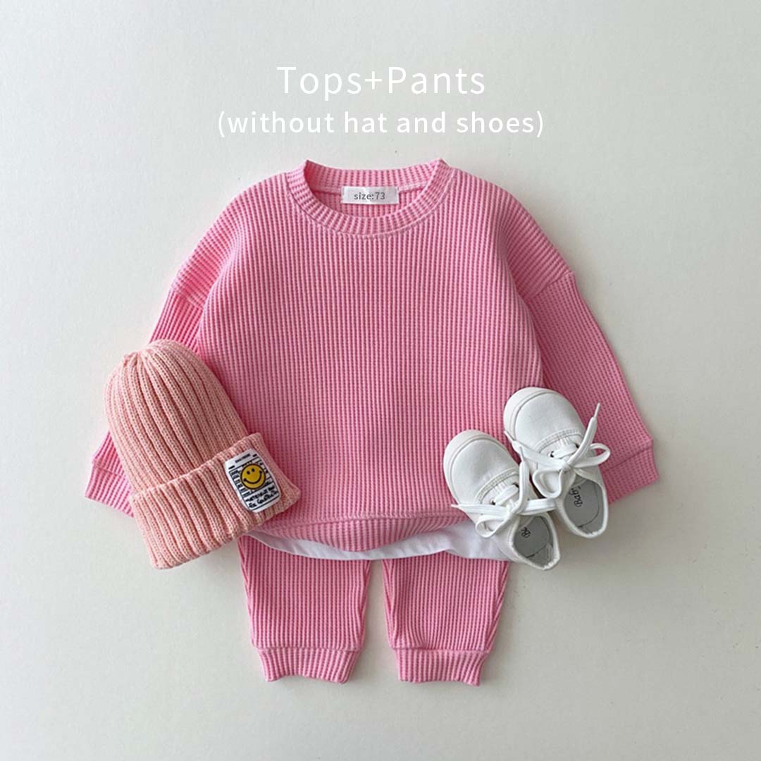 Fashion Baby Girl Set Waffle Cotton Sweatshirt + Pants 2pcs