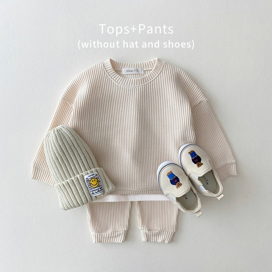 Fashion Baby Girl Set Waffle Cotton Sweatshirt + Pants 2pcs