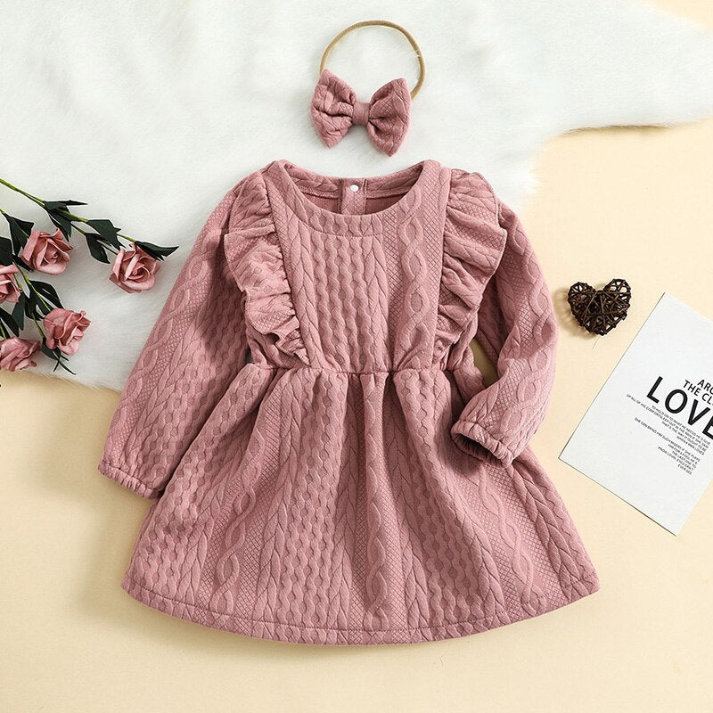 Baby Girl 2Pcs Long Sleeve Ruffle Dress + Bow