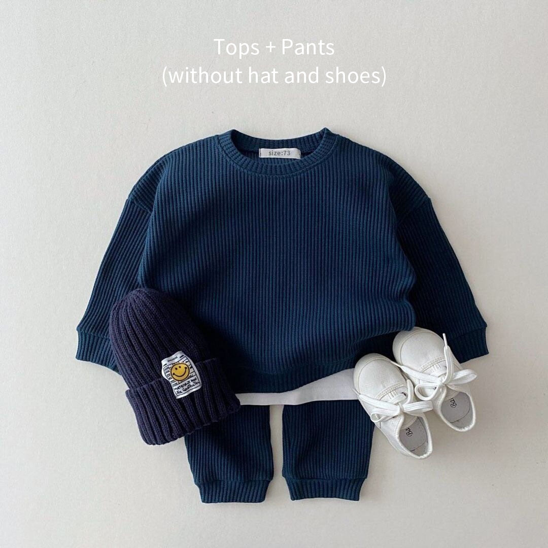 Fashion Baby Girl Set Waffle Cotton Sweatshirt + Pants 2pcs