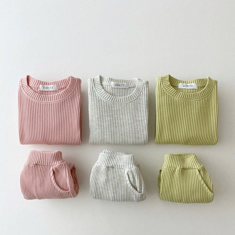 Fashion Baby Girl Set Waffle Cotton Sweatshirt + Pants 2pcs