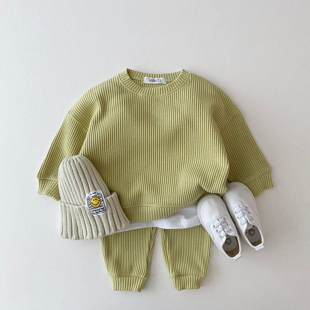 Fashion Baby Girl Set Waffle Cotton Sweatshirt + Pants 2pcs
