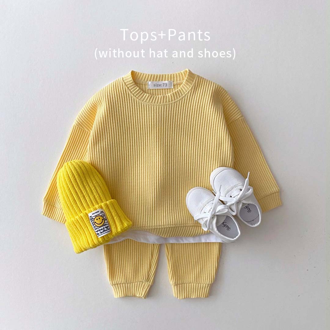 Fashion Baby Girl Set Waffle Cotton Sweatshirt + Pants 2pcs