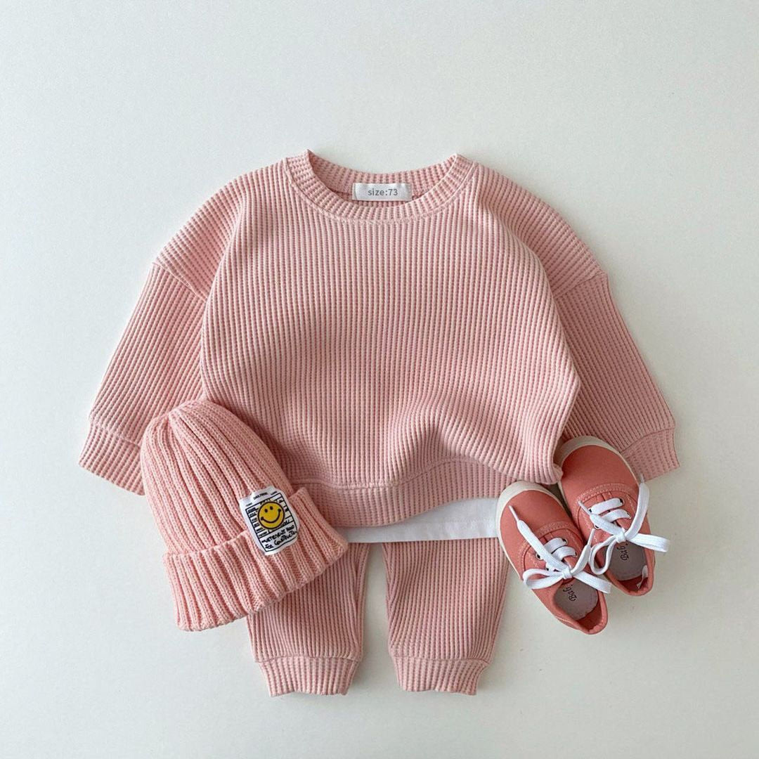 Fashion Baby Girl Set Waffle Cotton Sweatshirt + Pants 2pcs