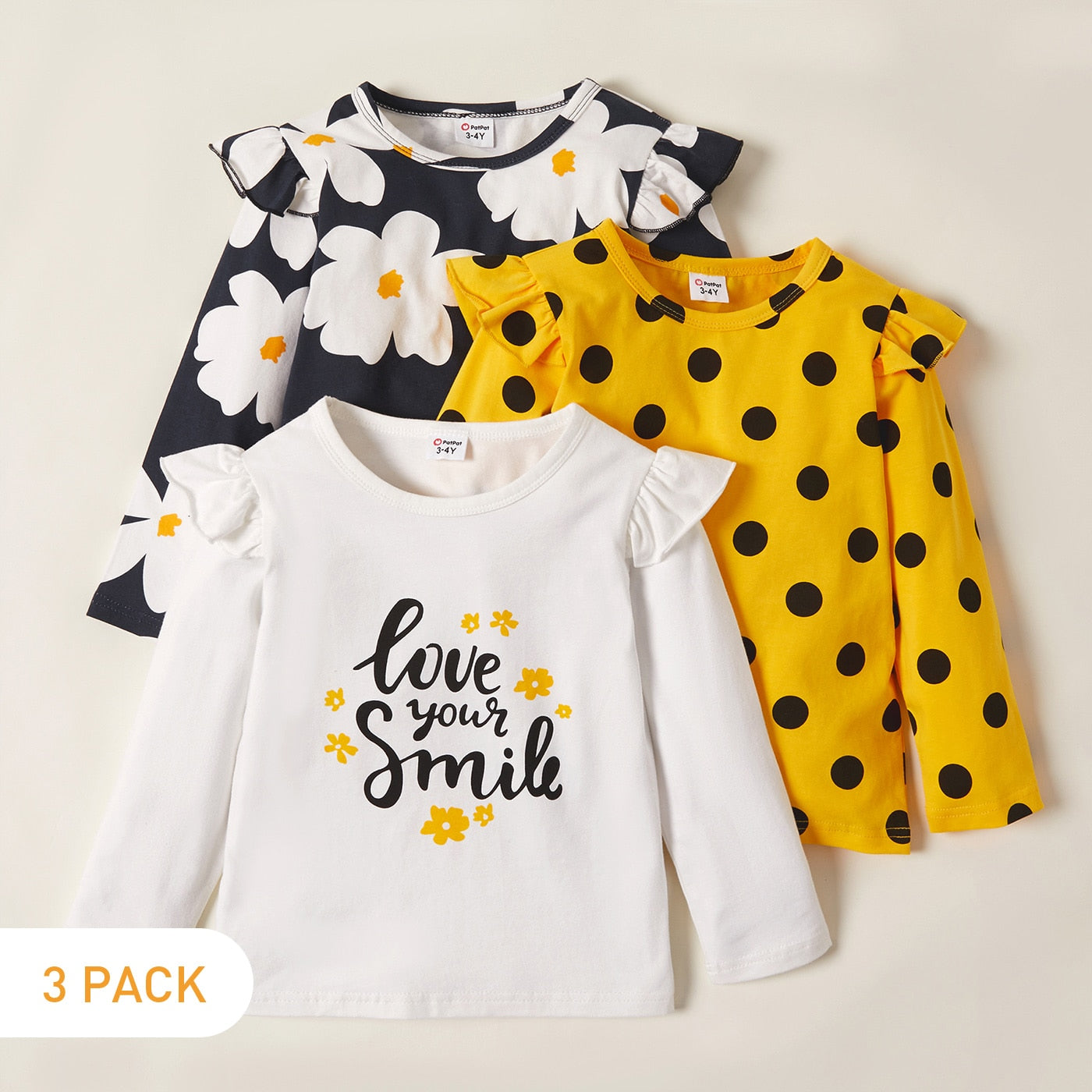 3-pack T-shirt Floral & Dots 3-6Y