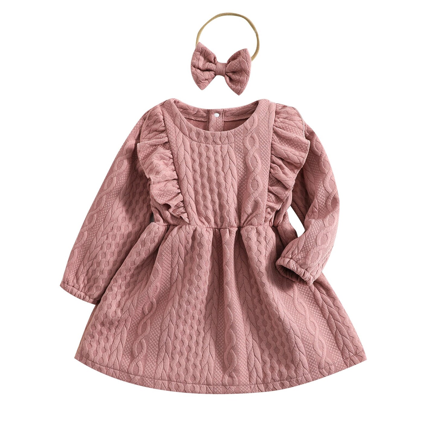 Baby Girl 2Pcs Long Sleeve Ruffle Dress + Bow