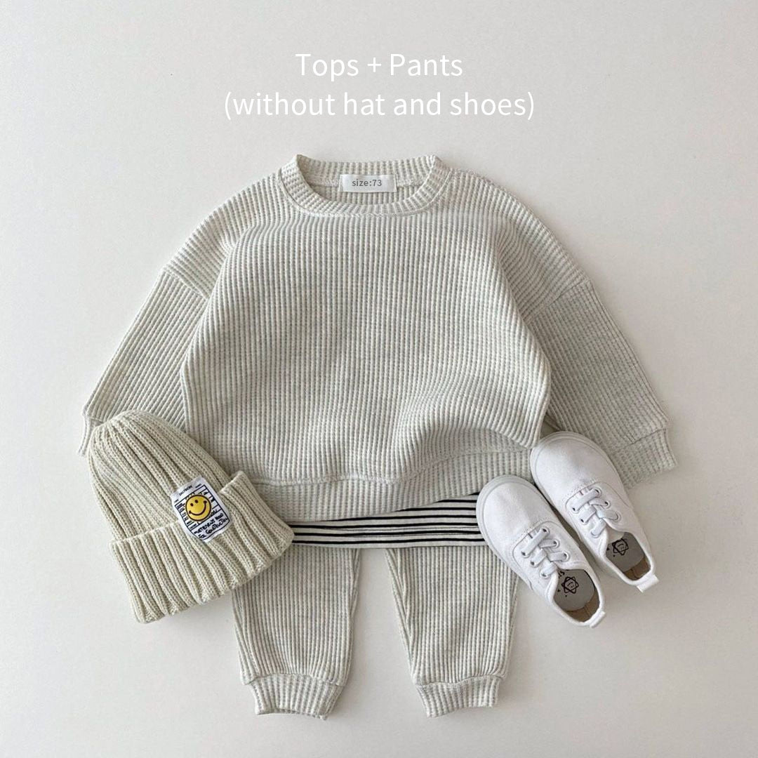 Fashion Baby Girl Set Waffle Cotton Sweatshirt + Pants 2pcs