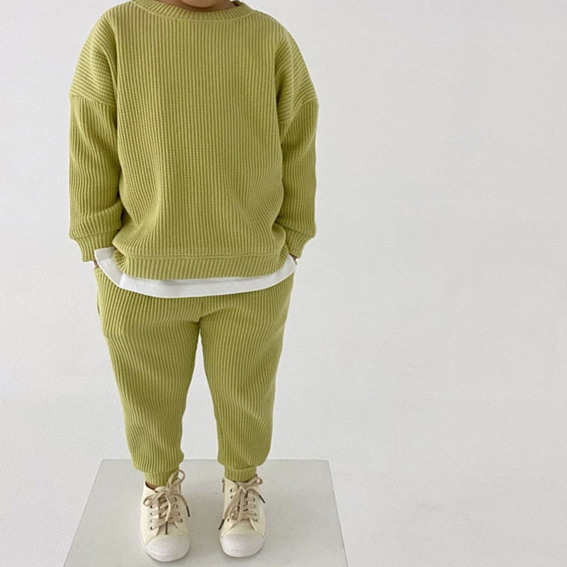 Fashion Baby Girl Set Waffle Cotton Sweatshirt + Pants 2pcs